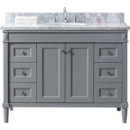 Tiffany 48" Single Bathroom Vanity in Grey with Marble Top and Round Sink with Mirror