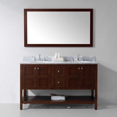 Winterfell 60" Double Bathroom Vanity in Cherry with Marble Top and Round Sink with Mirror