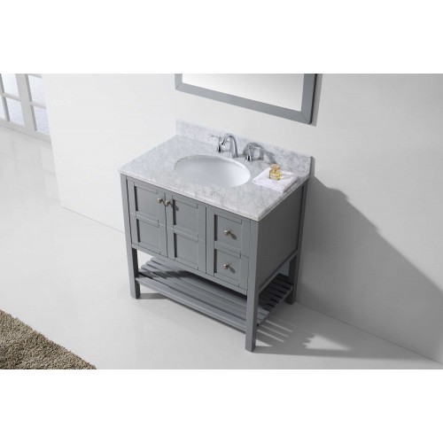 Winterfell 36" Single Bathroom Vanity in Grey with Marble Top and Round Sink with Mirror