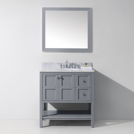 Winterfell 36" Single Bathroom Vanity in Grey with Marble Top and Round Sink with Mirror