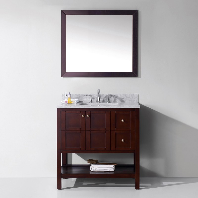 Winterfell 36" Single Bathroom Vanity in Cherry with Marble Top and Square Sink with Mirror