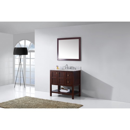 Winterfell 36" Single Bathroom Vanity in Cherry with Marble Top and Square Sink with Mirror