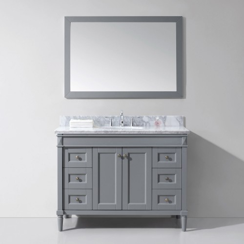 Tiffany 48" Single Bathroom Vanity in Grey with Marble Top and Round Sink with Mirror