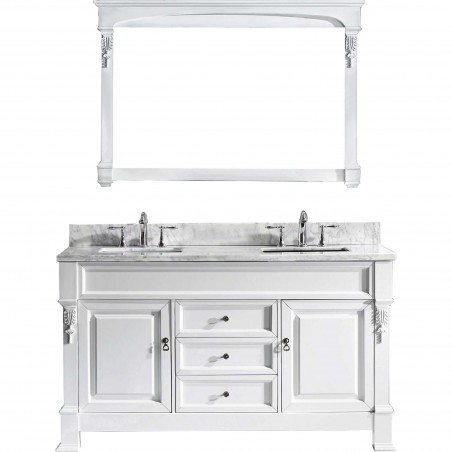 Huntshire 60" Double Bathroom Vanity in White with Marble Top and Square Sink with Mirror
