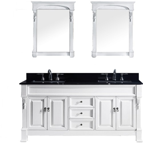 Huntshire 72" Double Bathroom Vanity in White with Black Galaxy Granite Top and Square Sink with Mirrors
