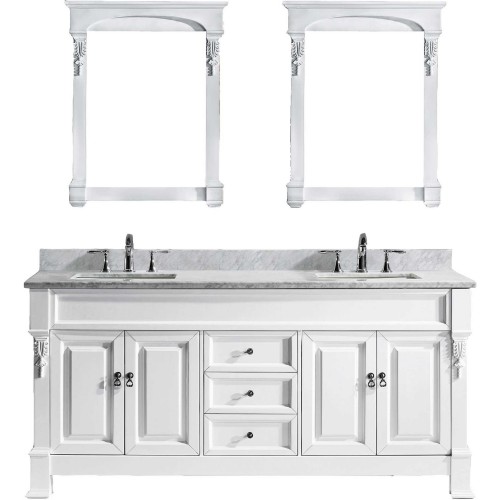 Huntshire 72" Double Bathroom Vanity in White with Marble Top and Square Sink with Mirrors