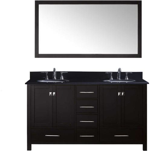 Caroline Avenue 60" Double Bathroom Vanity in Espresso with Black Galaxy Granite Top and Round Sink with Mirror
