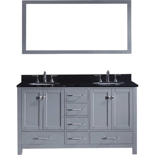 Caroline Avenue 60" Double Bathroom Vanity in Grey with Black Galaxy Granite Top and Round Sink with Mirror
