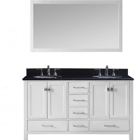 Caroline Avenue 60" Double Bathroom Vanity in White with Black Galaxy Granite Top and Round Sink with Mirror