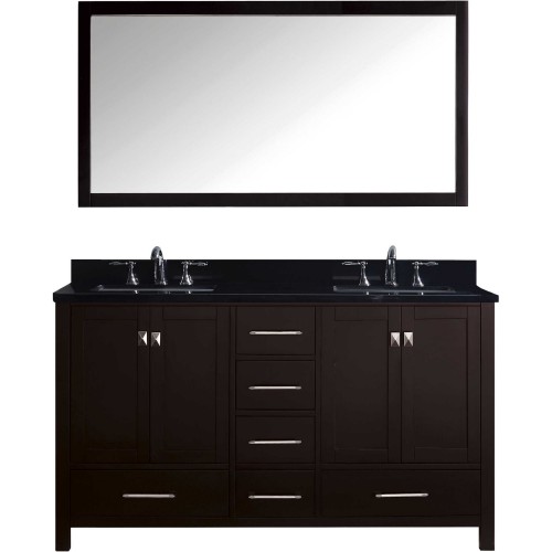 Caroline Avenue 60" Double Bathroom Vanity in Espresso with Black Galaxy Granite Top and Square Sink with Mirror