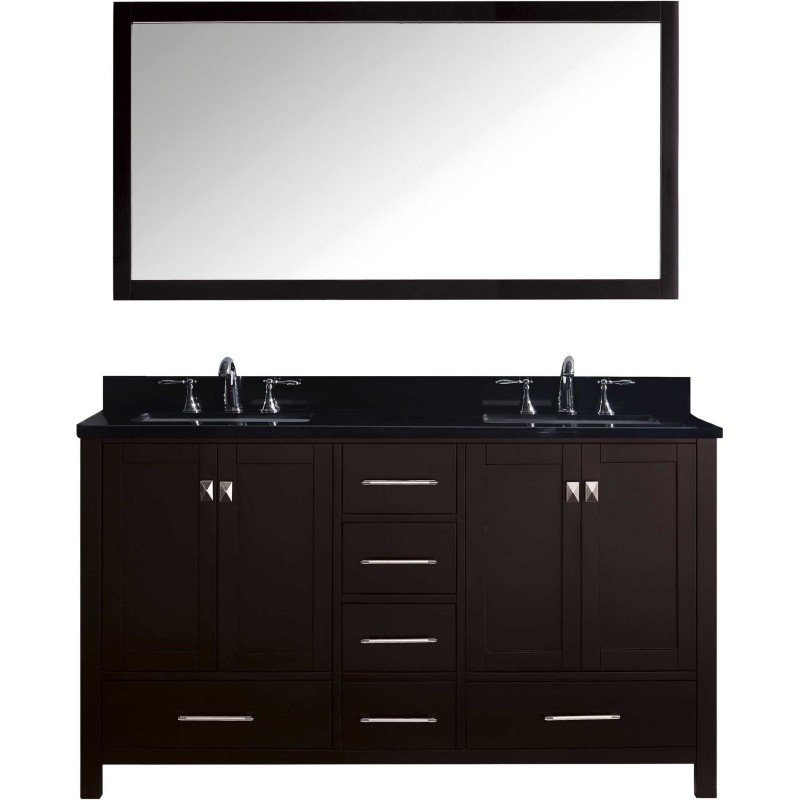 Caroline Avenue 60" Double Bathroom Vanity in Espresso with Black Galaxy Granite Top and Square Sink with Mirror