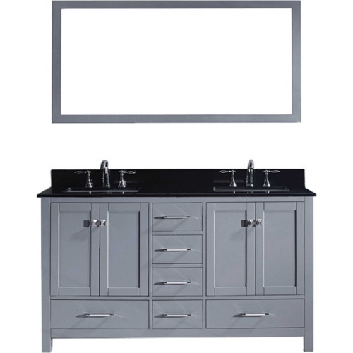 Caroline Avenue 60" Double Bathroom Vanity in Grey with Black Galaxy Granite Top and Square Sink with Mirror