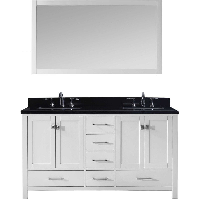 Caroline Avenue 60" Double Bathroom Vanity in White with Black Galaxy Granite Top and Square Sink with Mirror