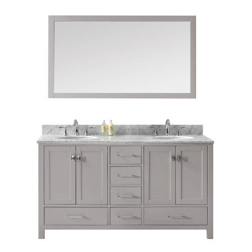 Caroline Avenue 60" Double Bathroom Vanity in Cashmere Grey with Marble Top and Round Sink with Mirror