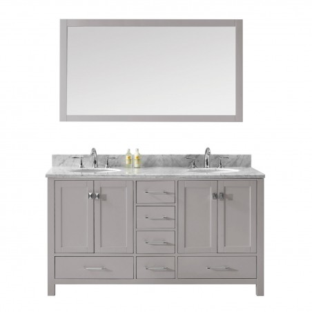 Caroline Avenue 60" Double Bathroom Vanity in Cashmere Grey with Marble Top and Round Sink with Mirror