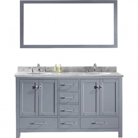 Caroline Avenue 60" Double Bathroom Vanity in Grey with Marble Top and Round Sink with Mirror