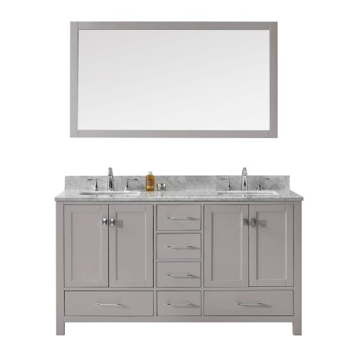 Caroline Avenue 60" Double Bathroom Vanity in Cashmere Grey with Marble Top and Square Sink with Mirror