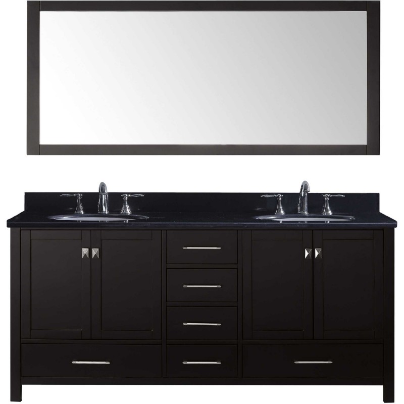 Caroline Avenue 72" Double Bathroom Vanity in Espresso with Black Galaxy Granite Top and Round Sink with Mirror