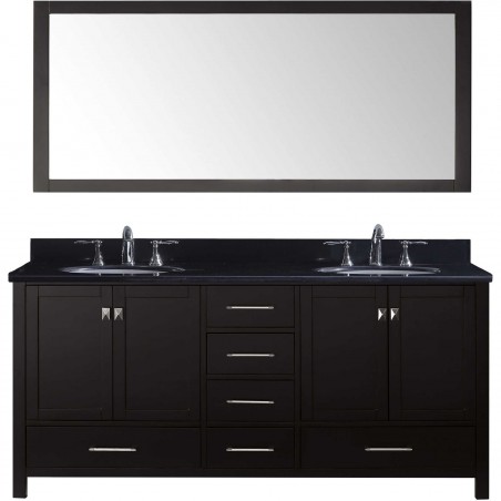 Caroline Avenue 72" Double Bathroom Vanity in Espresso with Black Galaxy Granite Top and Round Sink with Mirror