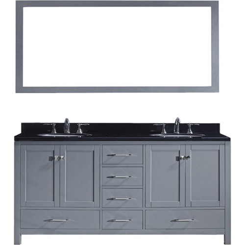 Caroline Avenue 72" Double Bathroom Vanity in Grey with Black Galaxy Granite Top and Round Sink with Mirror