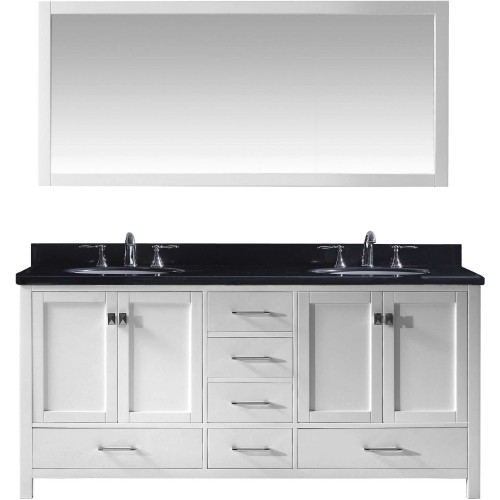 Caroline Avenue 72" Double Bathroom Vanity in White with Black Galaxy Granite Top and Round Sink with Mirror