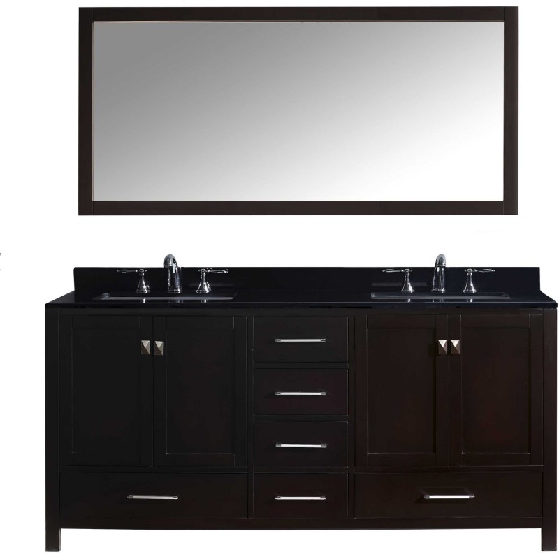 Caroline Avenue 72" Double Bathroom Vanity in Espresso with Black Galaxy Granite Top and Square Sink with Mirror