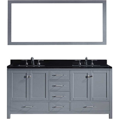 Caroline Avenue 72" Double Bathroom Vanity in Grey with Black Galaxy Granite Top and Square Sink with Mirror