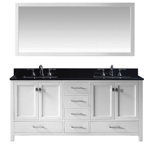 Caroline Avenue 72" Double Bathroom Vanity in White with Black Galaxy Granite Top and Square Sink with Mirror