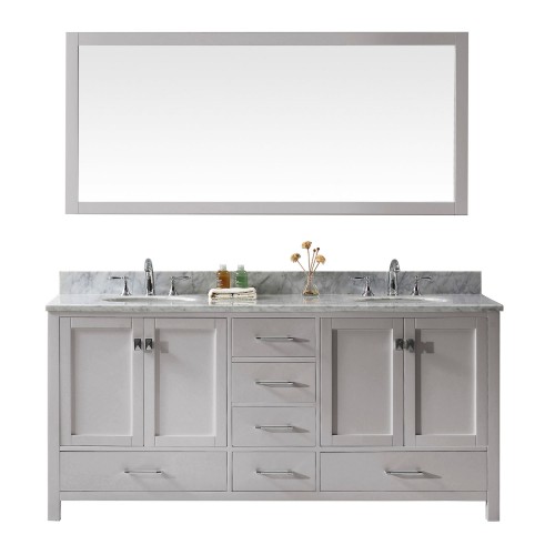 Caroline Avenue 72" Double Bathroom Vanity in Cashmere Grey with Marble Top and Round Sink with Mirror
