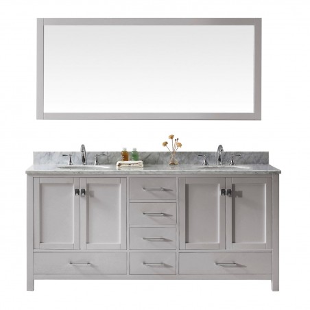 Caroline Avenue 72" Double Bathroom Vanity in Cashmere Grey with Marble Top and Round Sink with Mirror