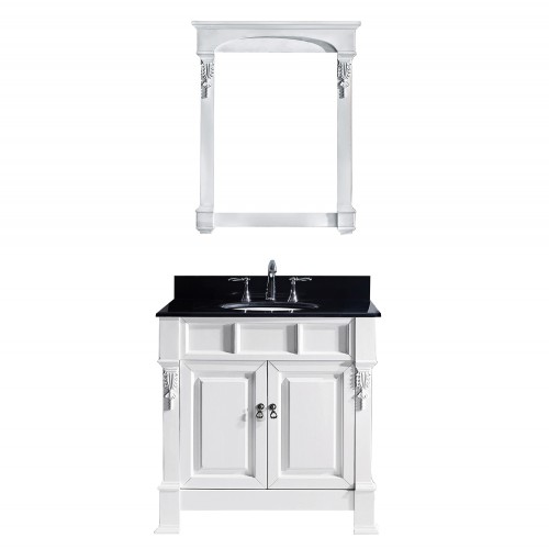 Huntshire 36" Single Bathroom Vanity in White with Black Galaxy Granite Top and Round Sink with Mirror