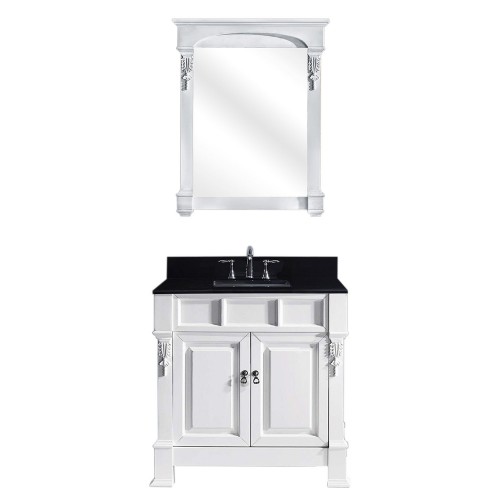 Huntshire 36" Single Bathroom Vanity in White with Black Galaxy Granite Top and Square Sink with Mirror