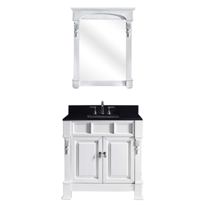 Huntshire 36" Single Bathroom Vanity in White with Black Galaxy Granite Top and Square Sink with Mirror