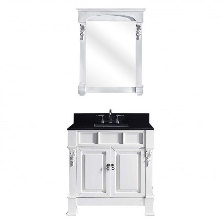 Huntshire 36" Single Bathroom Vanity in White with Black Galaxy Granite Top and Square Sink with Mirror