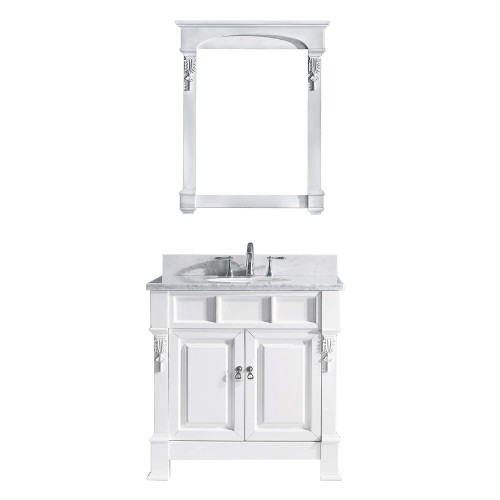 Huntshire 36" Single Bathroom Vanity in White with Marble Top and Round Sink with Mirror