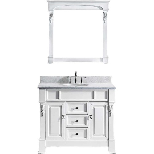 Huntshire 40" Single Bathroom Vanity in White with Marble Top and Round Sink with Mirror