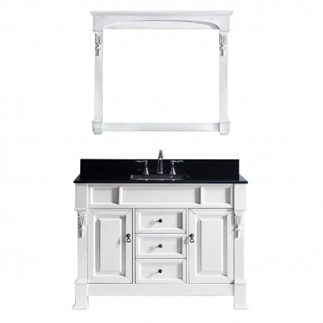 Huntshire 48" Single Bathroom Vanity in White with Black Galaxy Granite Top and Square Sink with Mirror