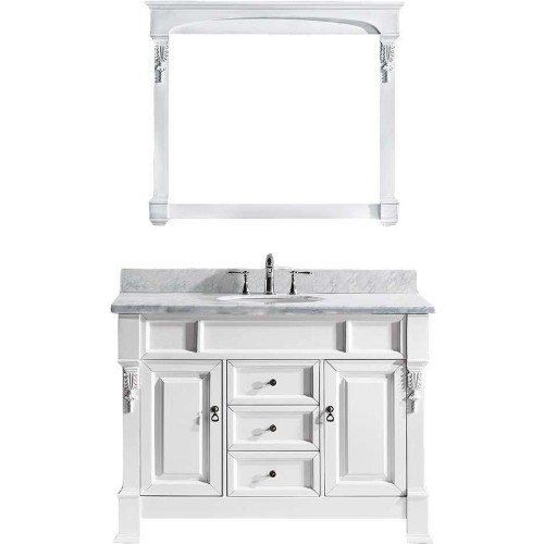 Huntshire 48" Single Bathroom Vanity in White with Marble Top and Round Sink with Mirror