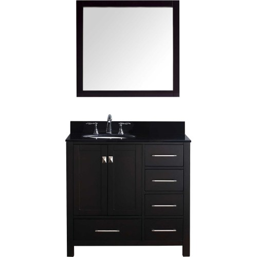 Caroline Avenue 36" Single Bathroom Vanity in Espresso with Black Galaxy Granite Top and Round Sink with Mirror
