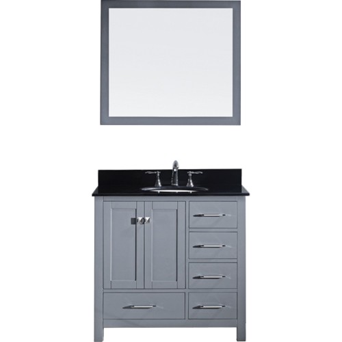 Caroline Avenue 36" Single Bathroom Vanity in Grey with Black Galaxy Granite Top and Round Sink with Mirror