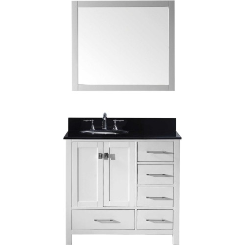 Caroline Avenue 36" Single Bathroom Vanity in White with Black Galaxy Granite Top and Round Sink with Mirror