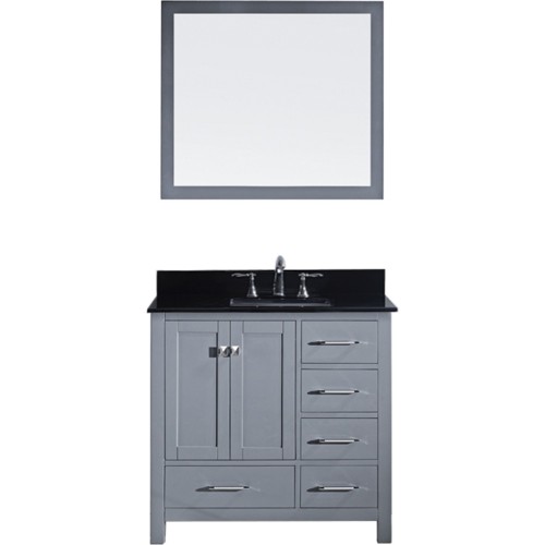 Caroline Avenue 36" Single Bathroom Vanity in Grey with Black Galaxy Granite Top and Square Sink with Mirror