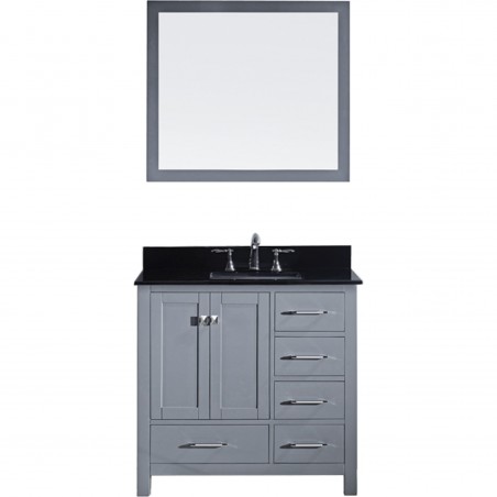 Caroline Avenue 36" Single Bathroom Vanity in Grey with Black Galaxy Granite Top and Square Sink with Mirror