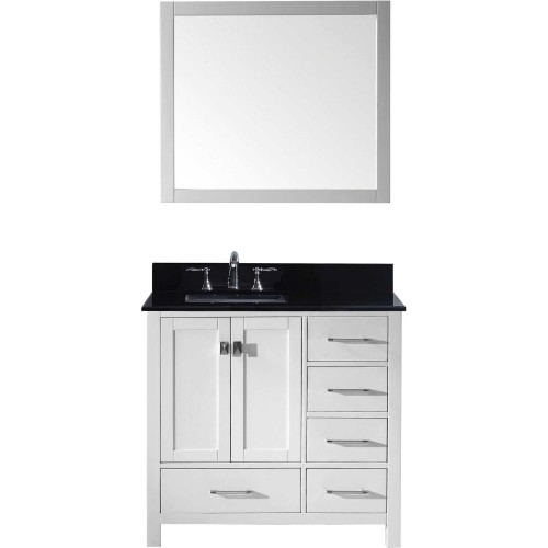 Caroline Avenue 36" Single Bathroom Vanity in White with Black Galaxy Granite Top and Square Sink with Mirror