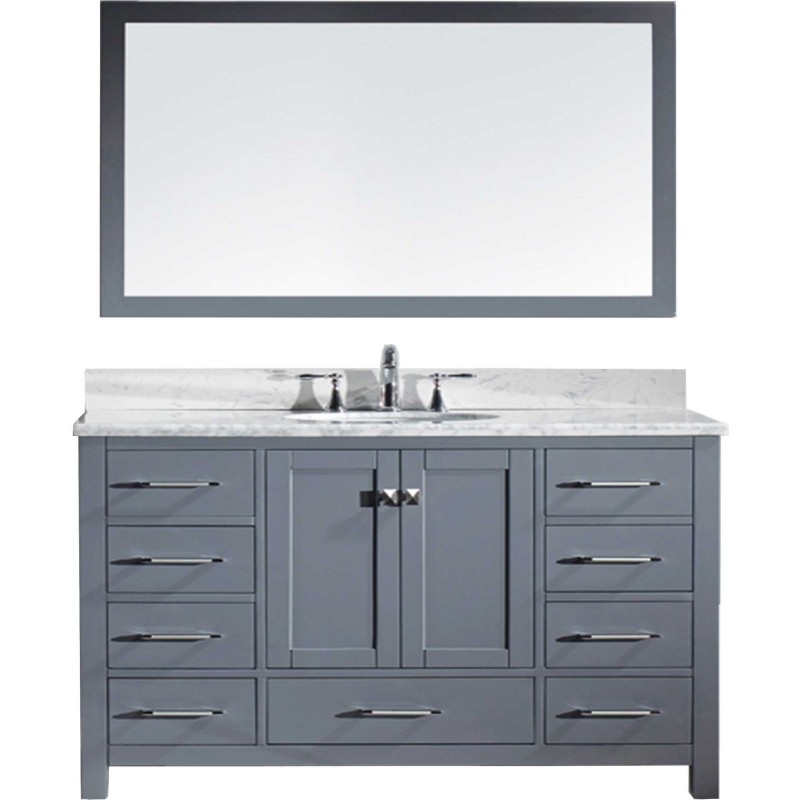 Caroline Avenue 60" Single Bathroom Vanity in Grey with Marble Top and Round Sink with Mirror