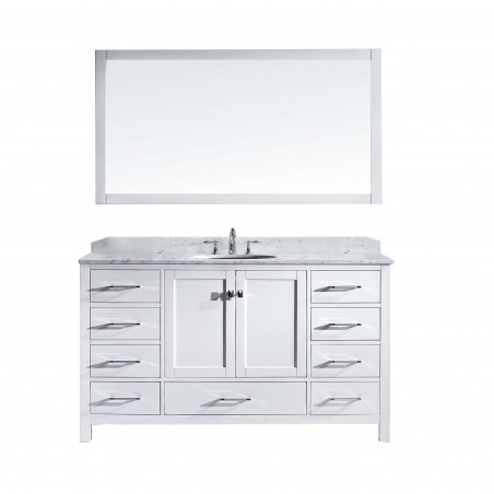 Caroline Avenue 60" Single Bathroom Vanity in White with Marble Top and Round Sink with Mirror