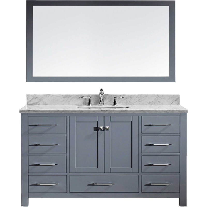 Caroline Avenue 60" Single Bathroom Vanity in Grey with Marble Top and Square Sink with Mirror