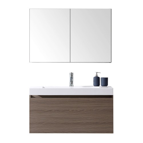 Zuri 39" Single Bathroom Vanity in Grey Oak with White Polymarble Top and Square Sink with Polished Chrome Faucet and Mirror