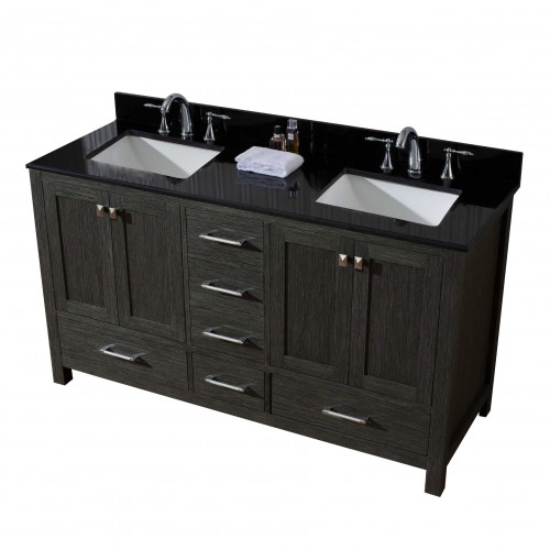 Caroline Premium 60" Double Bathroom Vanity in Zebra Grey with Black Galaxy Granite Top and Square Sink with Mirror