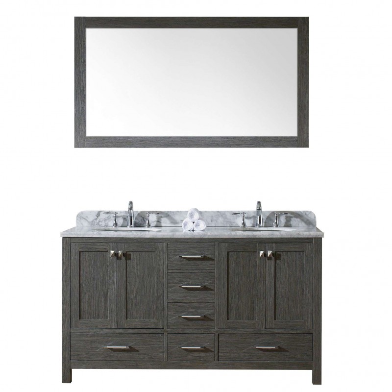 Caroline Premium 60" Double Bathroom Vanity in Zebra Grey with Marble Top and Round Sink with Mirror